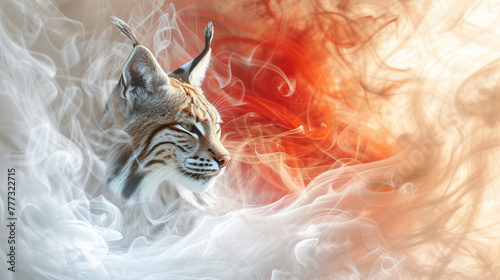 A majestic bobcat gracefully moves through swirling smoke, its wild eyes piercing the mysterious mist. A powerful blend of nature's beauty and untamed wilderness. © hmzphotostory