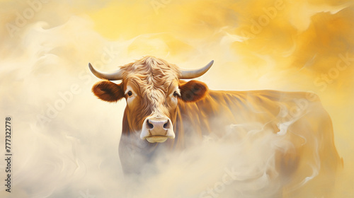 A serene cow grazes amid gentle wisps of smoke, blending rustic charm with a touch of mystique. A tranquil scene capturing the beauty of the pastoral and the enigmatic.