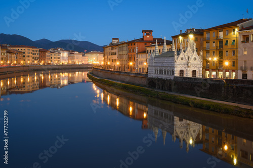 Cityscape of Pisa  with the river Arno and the Church Santa Maria della Spina - Italy