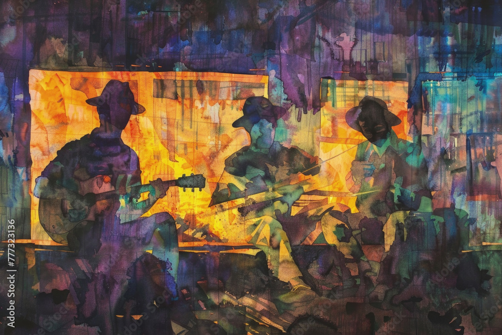 Watercolor painting depicting a man passionately playing a guitar, his fingers expertly strumming the strings, capturing the essence of music and artistry Watercolor painting depicting a man passionately playing a guitar, his fingers expertly strumming the strings, capturing the essence of music and artistry
