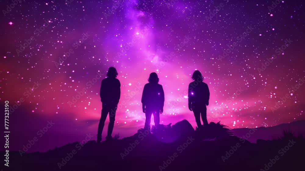 Three silhouettes stand against a vibrant purple sky their bodies illuminated by the radiant crystals that surround them. . . Three silhouettes stand against a vibrant purple sky their bodies illuminated by the radiant crystals that surround them. . .