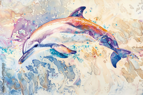 A vibrant watercolor artwork of a dolphin leaping amidst a flurry of abstract colors