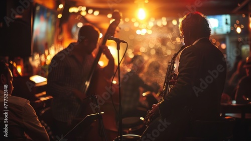Musician on stage on bar paying musical instruments, performing live on stage with warm lighting in dark relaxing pub atmosphere.