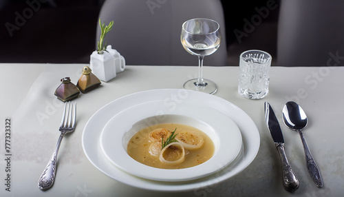 French onion soup from French Cuisine on white porcelain plate with table settings