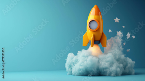 Explore a minimalist 3D clay rocket with smoke against a blue background, showcasing minimal style and AI generative creativity. photo