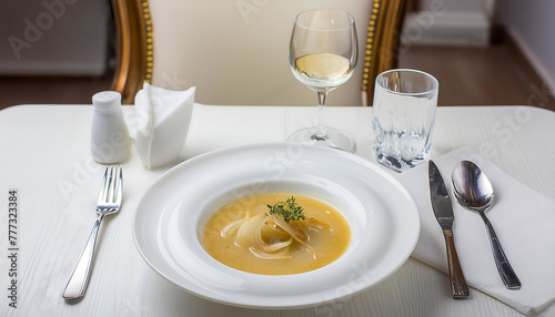 French onion soup from French Cuisine on white porcelain plate with table settings