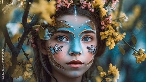 Portrait of a Spring Fairy wearing a flowers mask, AI Generative.