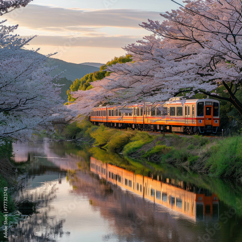 Experience the beauty of cherry blossoms as a Japanese train travels over a river, captured in 8k with Nikon D850 DSLR, epitomizing AI generative innovation. photo