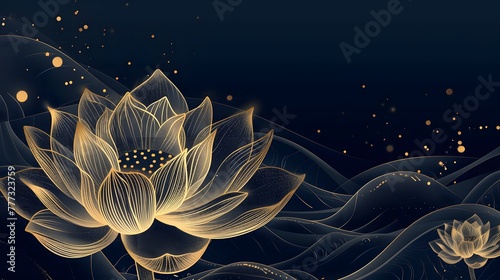 Golden lotus with thin graceful lines against a mountain landscape. Lotus flower luxury design template poster with copy space. photo