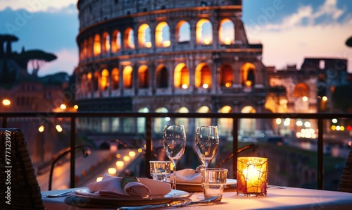A panoramic view restaurant with the Colosseum as a backdrop, romantic dinner for two photo