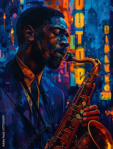 A stylized illustration of jazz saxophonist playing in a dimly lit jazz club. Poster for live jazz events