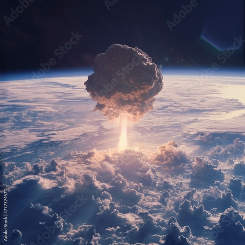 Delve into the chilling atmosphere of a nuclear apocalypse with a mesmerizing image of a mushroom cloud, brought to life through AI generative techniques. photo