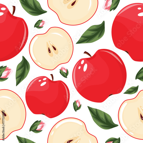 seamless pattern with red, juicy apple halves and whole apples, green leaves and apple blossom buds, for packaging, for textiles or posters
