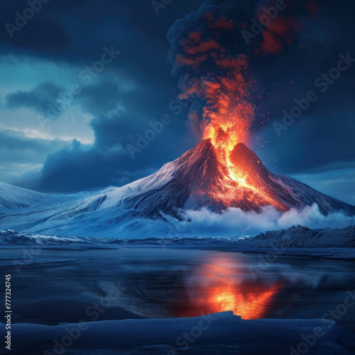 Experience the realistic eruption of a volcano in the Arctic, depicted in soft focus photography with hyper quality and AI generative enhancements.