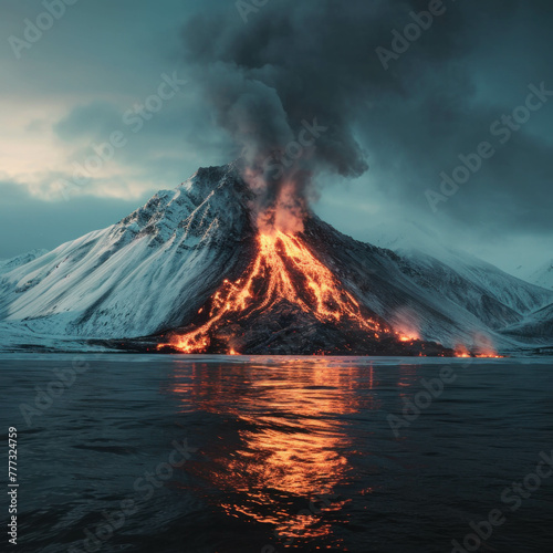 Explore the Arctic as a volcano erupts, portrayed in soft focus realism with hyper quality and AI generative technology.