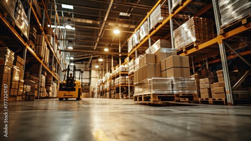 Immerse in a logistic environment with a real photo of warehouse operations, warm-filtered for atmosphere, and enhanced with AI generative techniques. photo