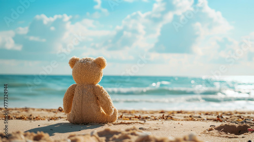 Teddy bear silhouette against the sunset, providing ample copy space. Experience the warmth of the sun's rays and the realistic texture of the scene in 8k resolution. AI generative photo