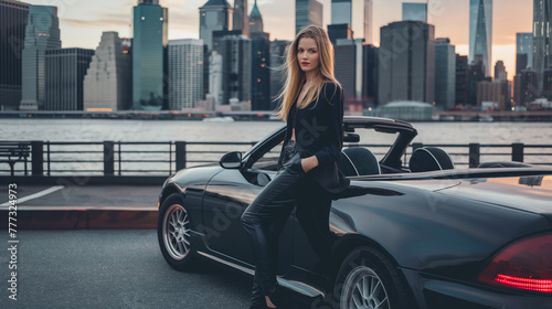 Fashionable young woman posing confidently beside her sleek convertible with the city skyline in the background. © XaMaps