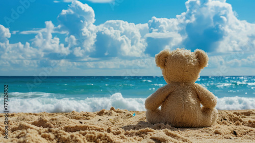 Teddy bear silhouette against the sunset, providing ample copy space. Experience the warmth of the sun's rays and the realistic texture of the scene in 8k resolution. AI generative photo