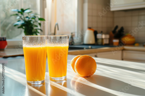 Indulge in a vibrant breakfast scene with sweet orange juice and drinking glasses on a white kitchen table. Healthy lifestyle captured in high-quality AI generative photography. photo