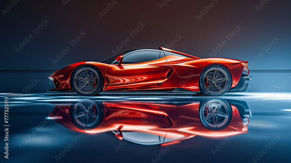 A glossy red sports car with dynamic lighting reflecting off its polished surface under studio conditions.