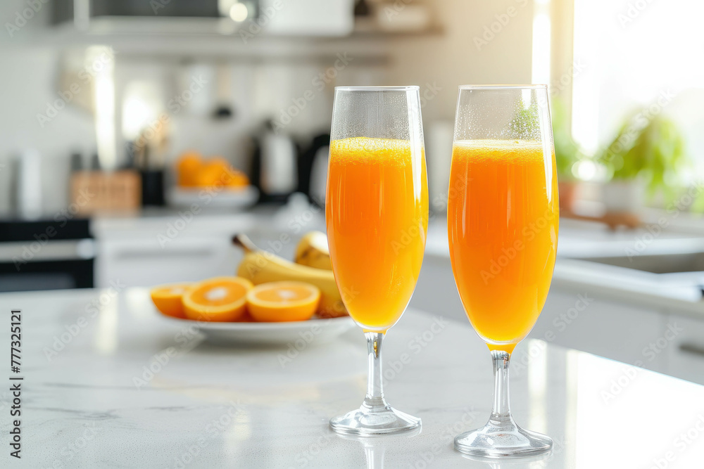Start your day with a refreshing breakfast of appetizing sweet orange juice and two drinking glasses on a white kitchen table. AI generative technology.