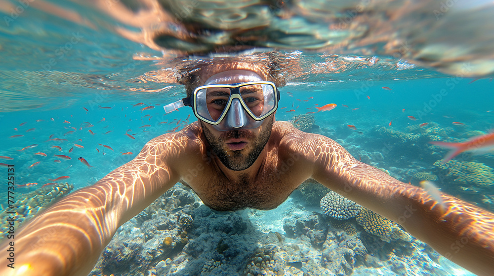 Underwater photography of tourist with  mask . - obrazy, fototapety, plakaty 