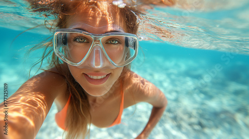 Underwater photography of tourist with mask .
