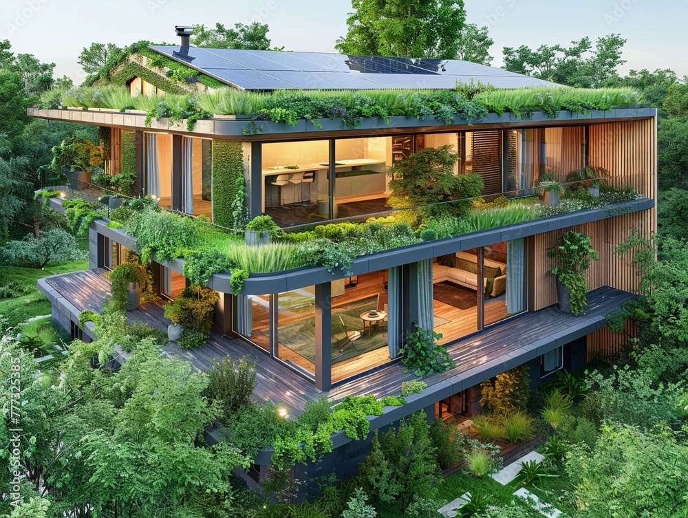 Sustainable green house, solar panels on top, blending with natural landscape, eyelevel, quiet and ecofriendly