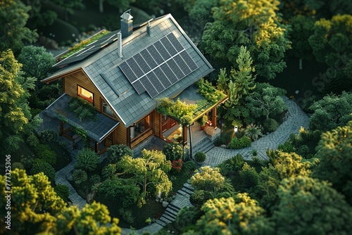 Green living concept, house with solar panels, energyefficient, aerial view, in harmony with nature