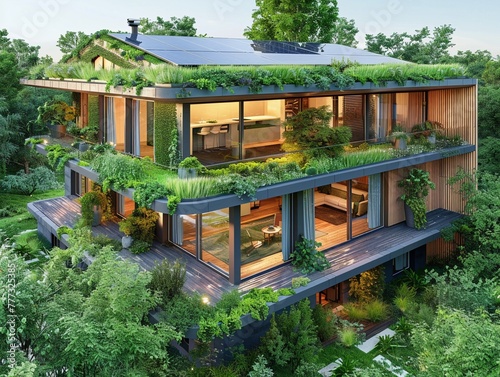 Sustainable green house, solar panels on top, blending with natural landscape, eyelevel, quiet and ecofriendly © Thanadol
