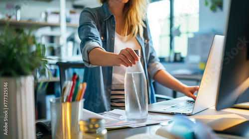 A woman at her desk reaching for a reusable water bottle while working on a project, highlighting eco-friendly office practices.
