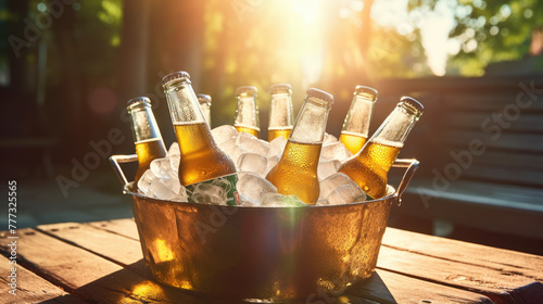 Metal bucket with beer and ice cubes on wooden background. Octoberfest, summer background