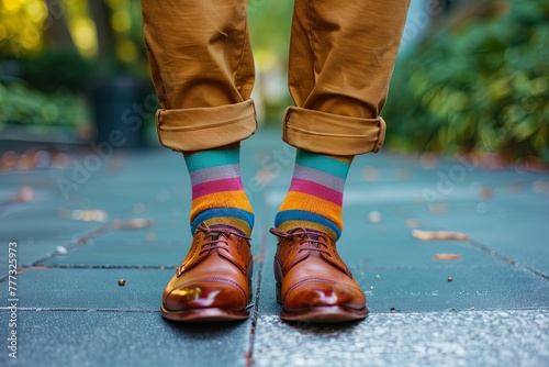 A person is wearing mismatched colorful socks and brown shoes. Generative AI