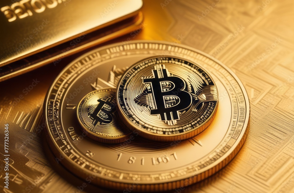 Close-up of single gold Bitcoin coin on yellow background. Crypto currency banner with copy space from the right and left side. Bitcoin coin with space for text on yellow background