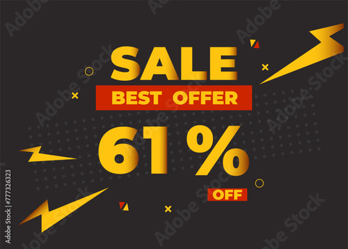 61% off sale best offer. Sale banner with sixty one percent of discount, coupon or voucher vector illustration. Yellow and red template for campaign or promotion.