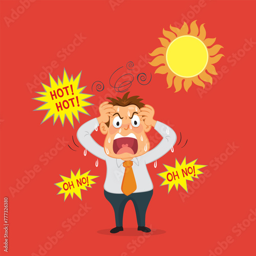 Hand drawn irritable man in hot weather on a hot day. Flat, Poster, Vector, Illustration, Cartoon, EPS10.