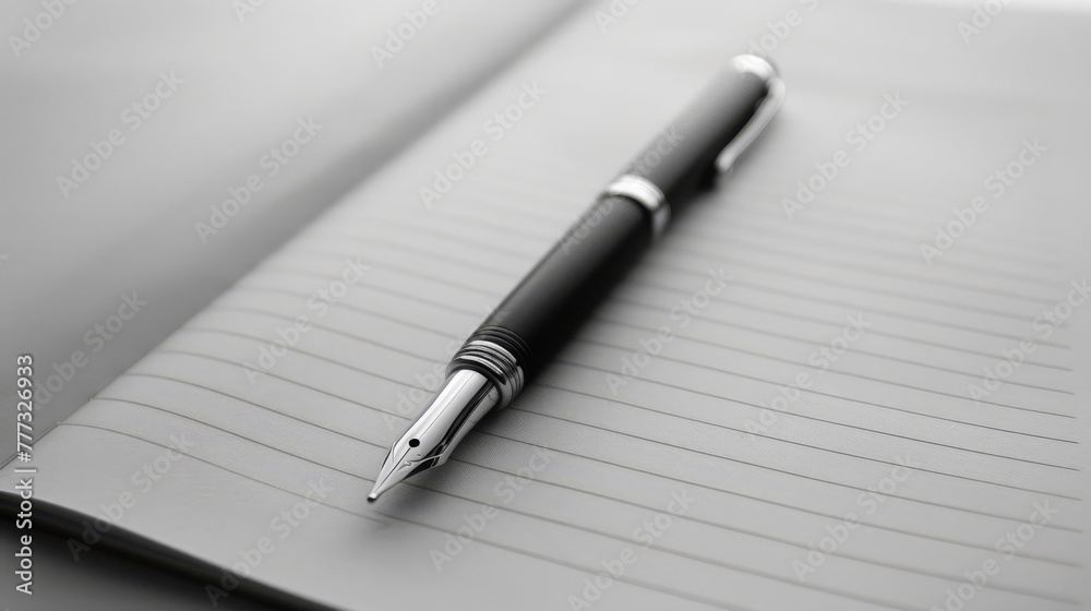 A simple, elegant pen poised above a blank page, potential stories untold A simple, elegant pen poised above a blank page, potential stories untold