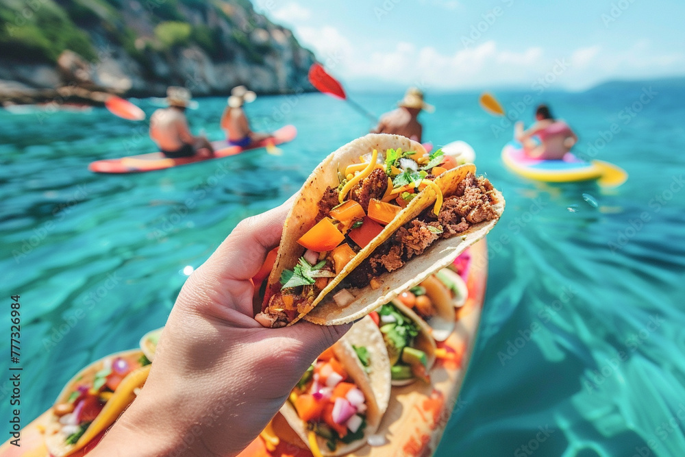 A delicious taco spread on a stand-up paddle SUP board Mexican food for outdoor lunch on the beach - obrazy, fototapety, plakaty 