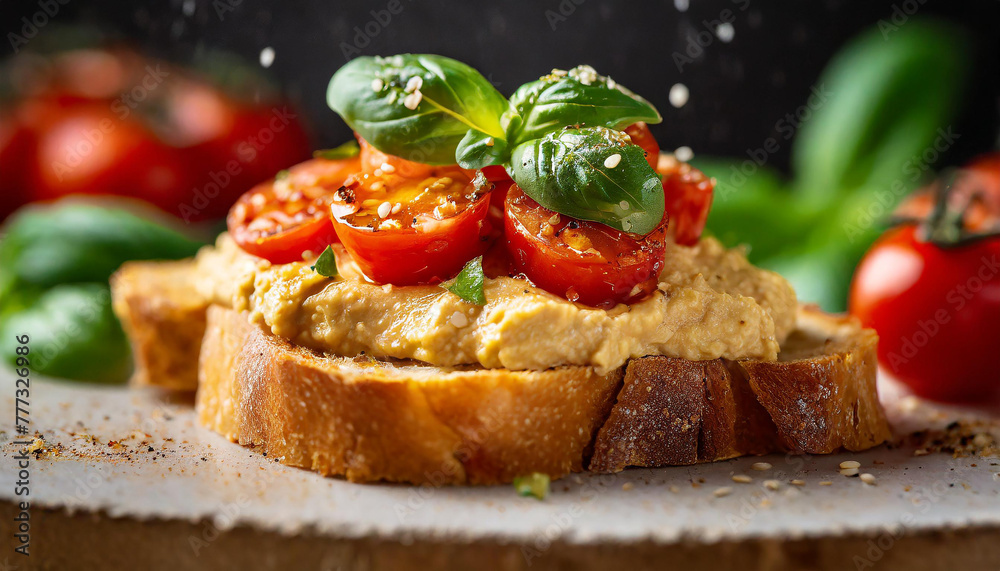 Close-up of toasted bread with hummus spread, roasted cherry tomatoes, basil leaves. Vegan food.