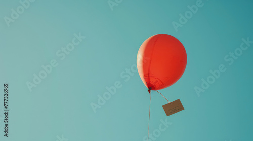 A single balloon floating against a clear, blue sky, a note attached with string
