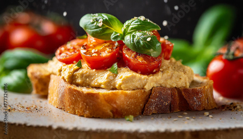Close-up of toasted bread with hummus spread, roasted cherry tomatoes, basil leaves. Vegan food.