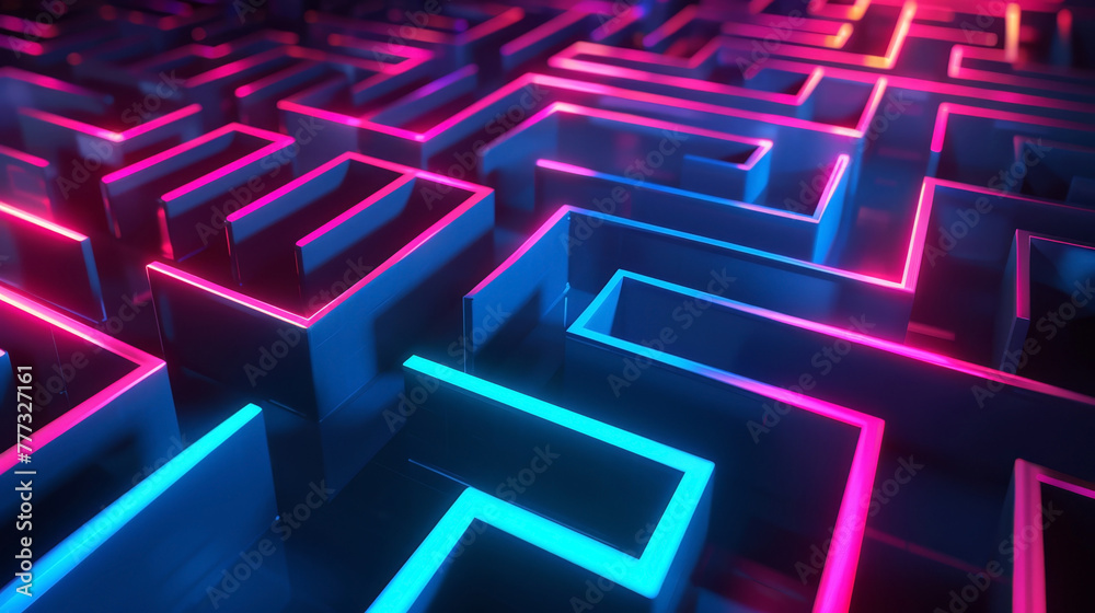 Abstract neon labyrinth frame, guiding through its maze, clean dark design, - obrazy, fototapety, plakaty 