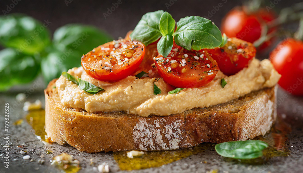 Close-up of toasted bread with hummus spread, roasted cherry tomatoes, basil leaves. Vegan food. Close-up of toasted bread with hummus spread, roasted cherry tomatoes, basil leaves. Vegan food.