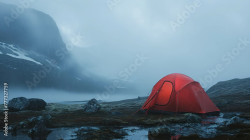 Surreal red tent, spooky mist, dramatic arctic scenery. AI generative creation.