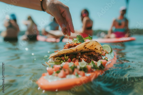 A delicious taco spread on a stand-up paddle SUP board Mexican food for outdoor lunch on the beach