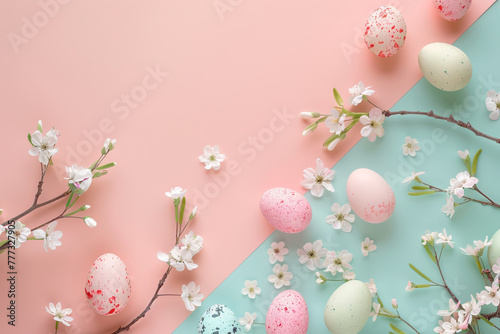 Painted pastel color easter eggs on a light blue and pink color background with a place to text. April easter celebration. AI generated. 