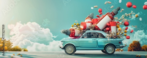 Luxury car carrying giant serum bottles, AHA and vitamins banner ad concept photo