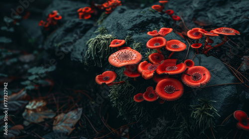 Cluster of bright red poisonous mushrooms on a dark forest floor, documentary,