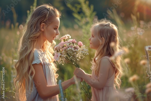 Little cute daughter gives her mom a bouquet of flowers  mother s day  holiday  entertainment  birthday